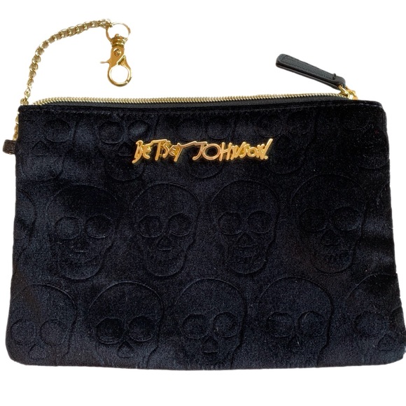 Betsey Johnson Handbags - Betsey Johnson Plush Blk Velvet Wristlet W/Skulls